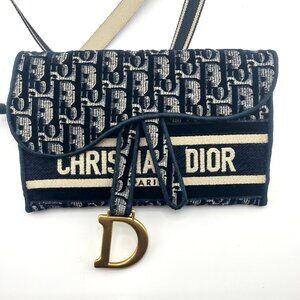 Like New Christian Dior Oblique Slim Saddle Belt Pouch , White & Blue Oblique